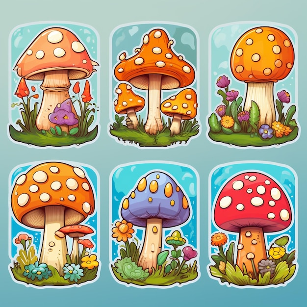 Photo cartoon mushrooms in different colors and sizes with different flowers generative ai