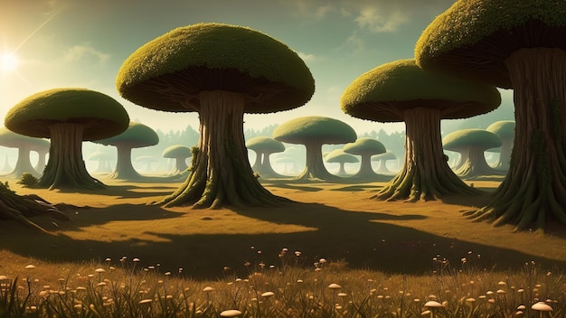 мультфильм о грибах на поле с деревом на заднем плане.