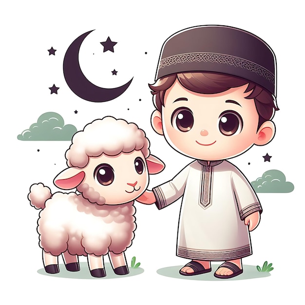 Cartoon Muslim boy with a lamb