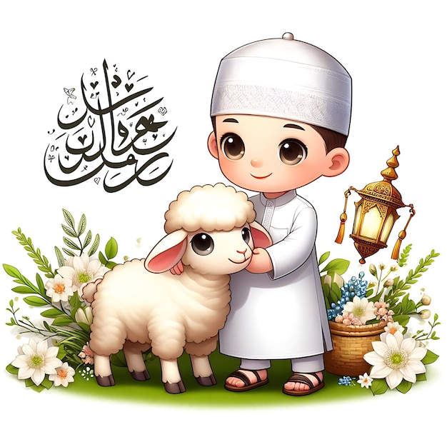 Cartoon Muslim boy with a lamb