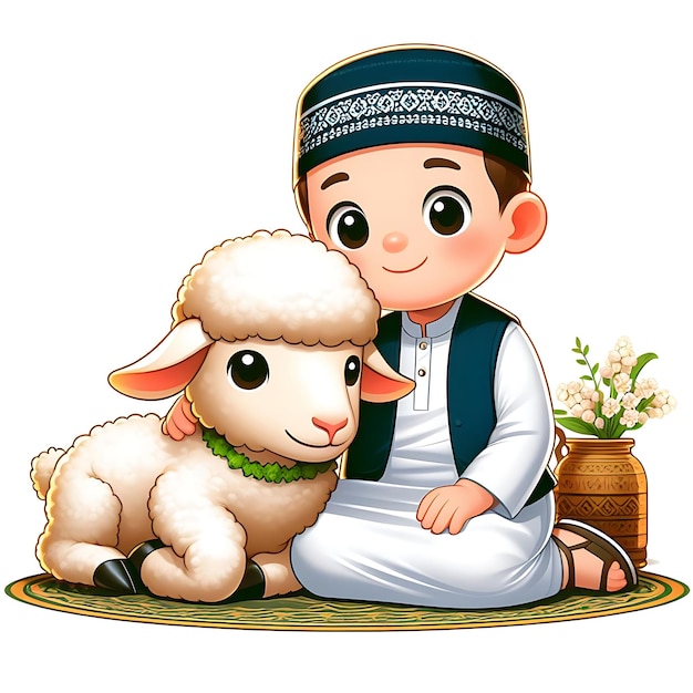 Cartoon Muslim boy with a lamb