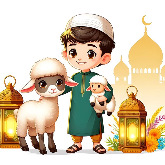 Cartoon Muslim boy with a lamb