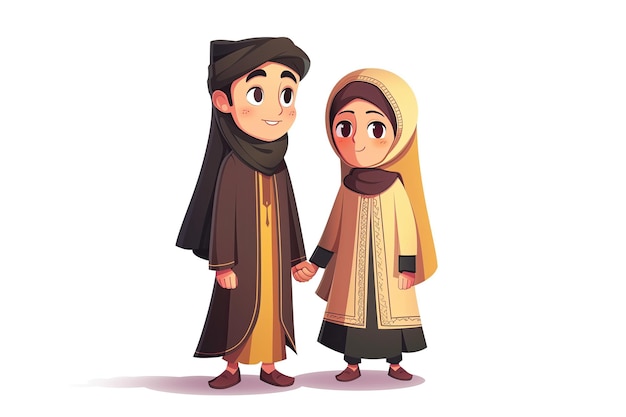 Photo cartoon muslim couple isolated on white background