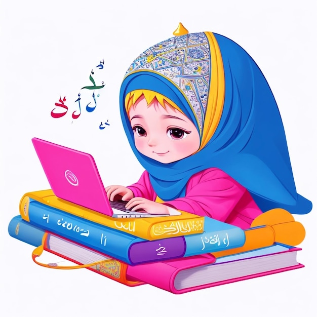 Cartoon Muslim girl reading Quran