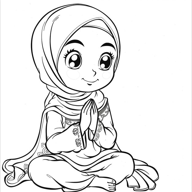 a cartoon muslim girl sitting on the floor with her hands folded generative ai