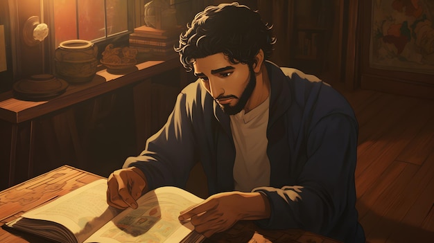 漫画のイスラム教徒の男性が本やコーランを読む