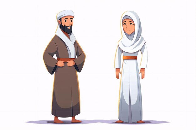 Cartoon muslim man and woman wearing ihram clothing generative ai