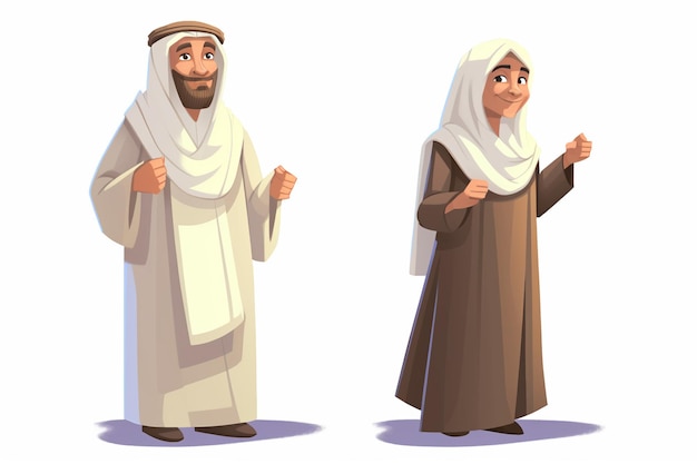 Photo cartoon muslim man and woman wearing ihram clothing generative ai