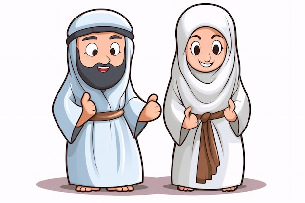 Cartoon muslim man and woman wearing ihram clothing generative ai