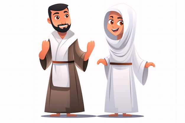 Photo cartoon muslim man and woman wearing ihram clothing generative ai