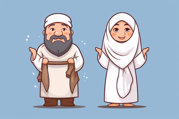 Photo cartoon muslim man and woman wearing ihram clothing generative ai