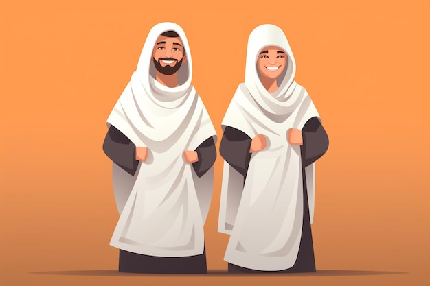 Cartoon muslim man and woman wearing ihram clothing generative ai