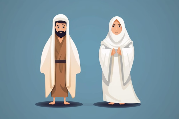 Photo cartoon muslim man and woman wearing ihram clothing generative ai