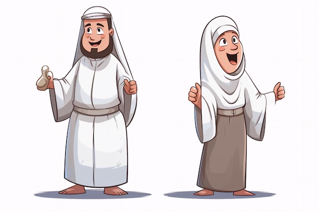 Photo cartoon muslim man and woman wearing ihram clothing generative ai