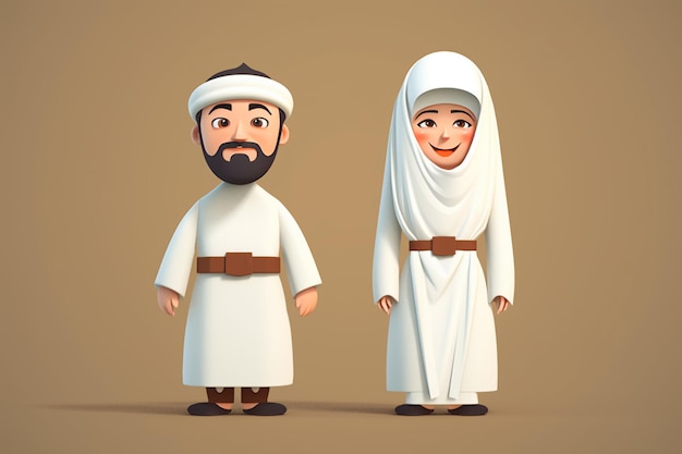 Photo cartoon muslim man and woman wearing ihram clothing generative ai