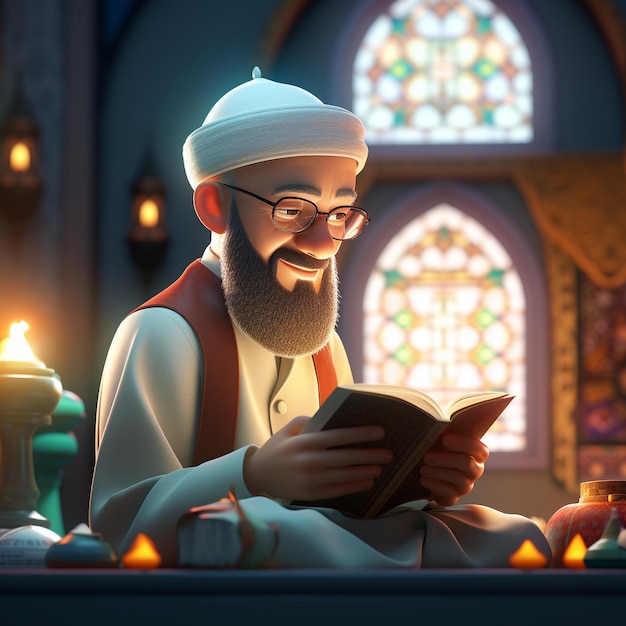 Cartoon muslim men read a book