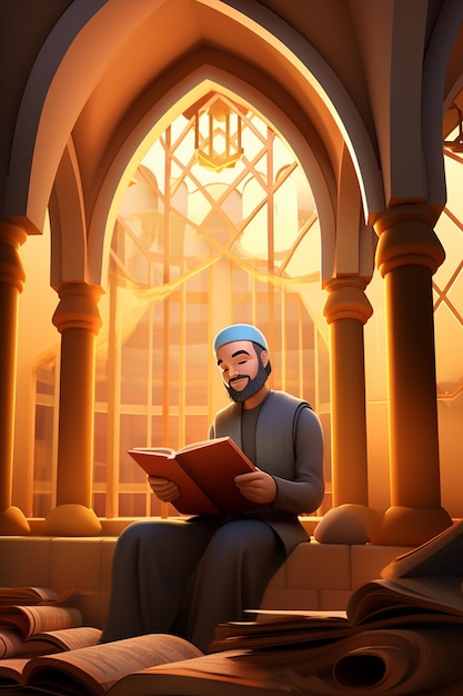 Cartoon muslim men read a book