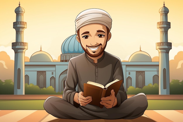 Cartoon muslim men read a book