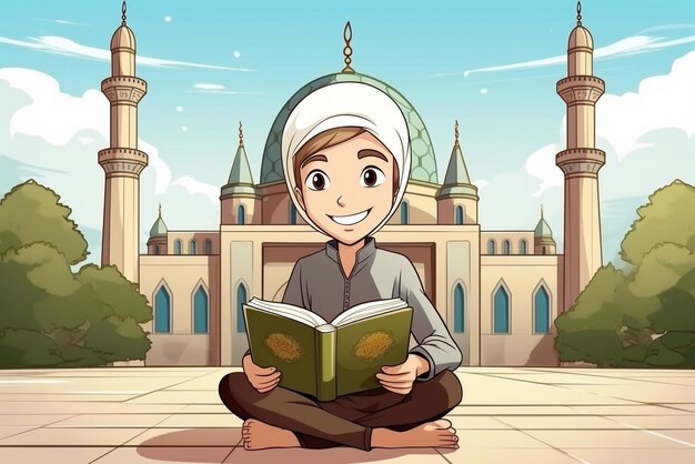 Cartoon muslim men read a book