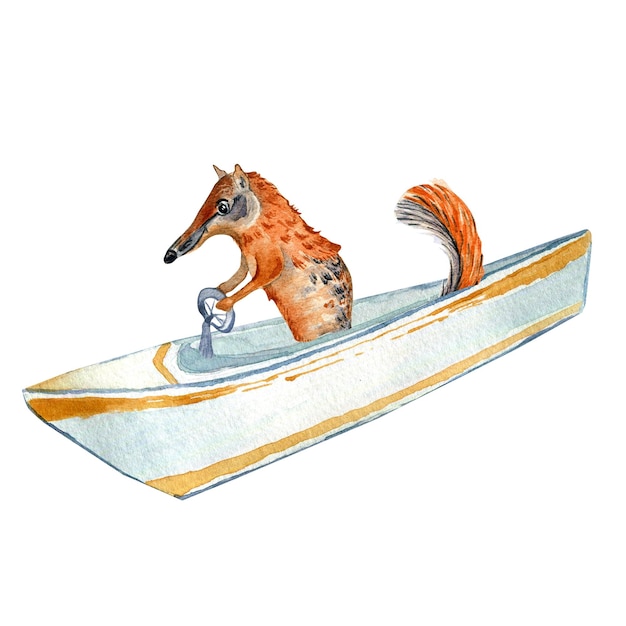 Cartoon nambat anteater and boat watercolor illustration isolated on white background