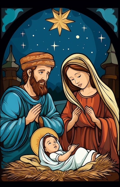 a cartoon of a nativity scene with a baby jesus and a manger generative ai