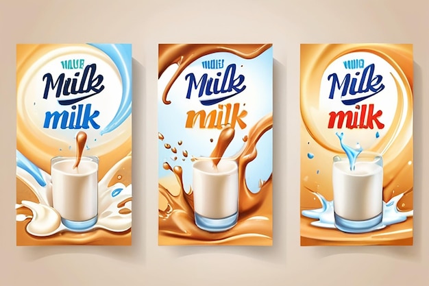 Photo cartoon natural milk brochures with liquid splashes and drops for packaging design vector illustration