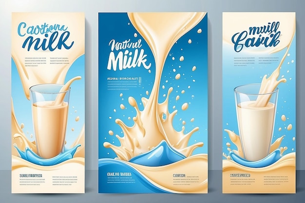 Cartoon natural milk brochures with liquid splashes and drops for packaging design vector illustration