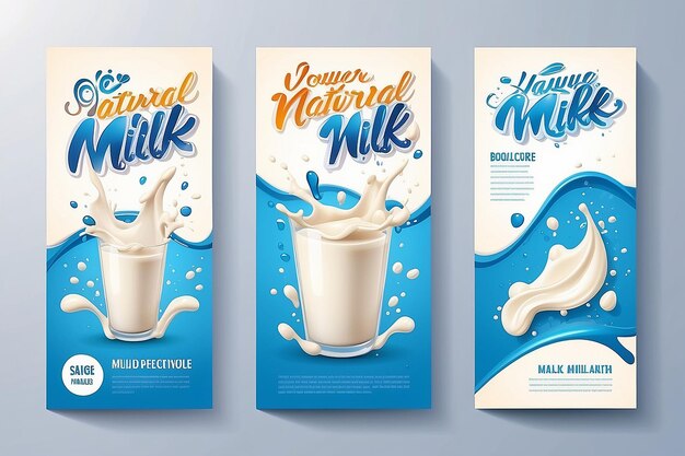 Photo cartoon natural milk brochures with liquid splashes and drops for packaging design vector illustration