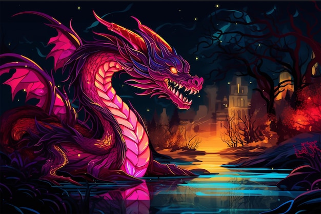 A cartoon neon of a dragon with a stream in the