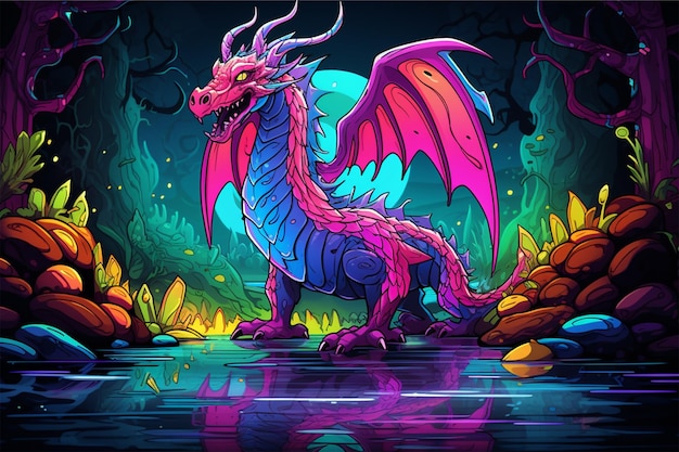 A cartoon neon of a dragon with a stream in the