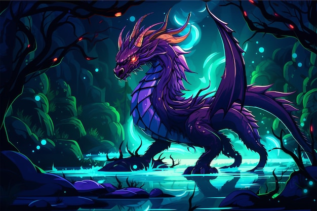 A cartoon neon of a dragon with a stream in the