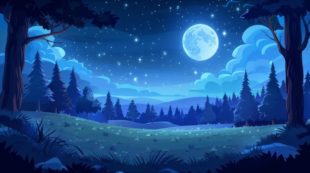 A cartoon night landscape with a meadow forest and clouds under a full moon Modern illustration of dark countryside with trees and pines grass on the field and a starry sky