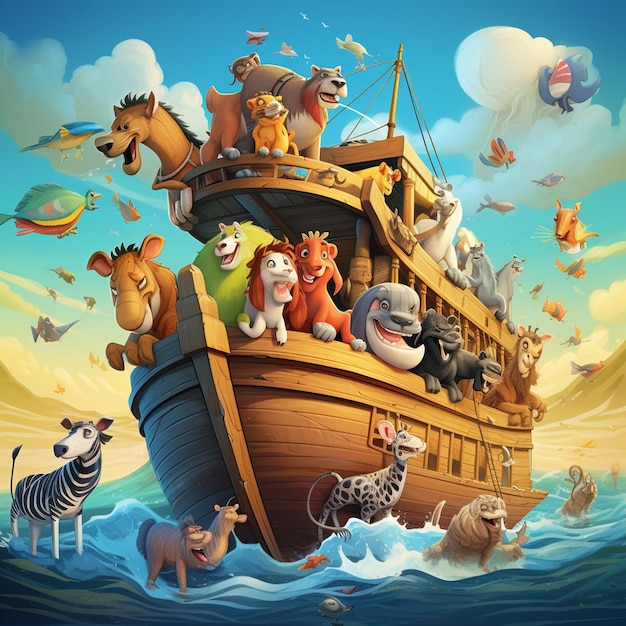 Photo cartoon noah ark with animals