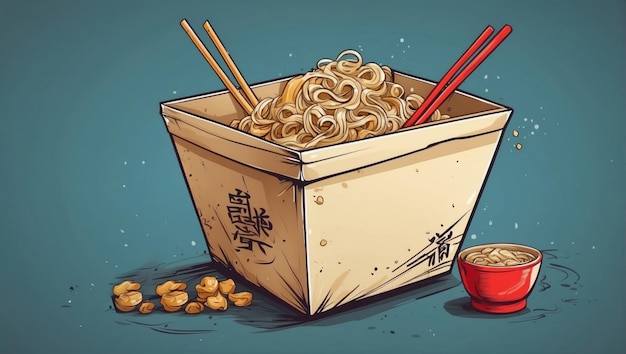 Foto cartoon noodle doos en eetstokjes ai gegenereerd