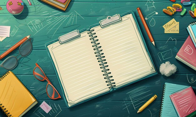 cartoon notebook with pencils and flowers