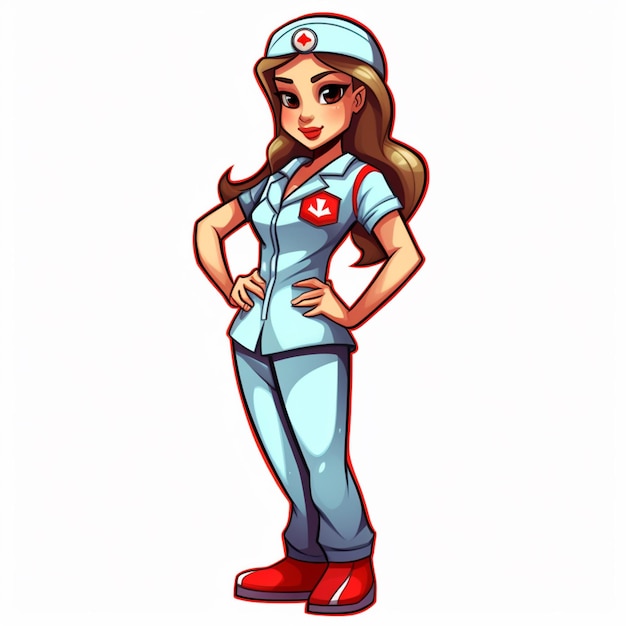 cartoon nurse in blue uniform with red cross on chest generative ai