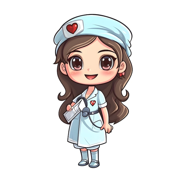 Cartoon nurse girl with stethoscope and heart on white background