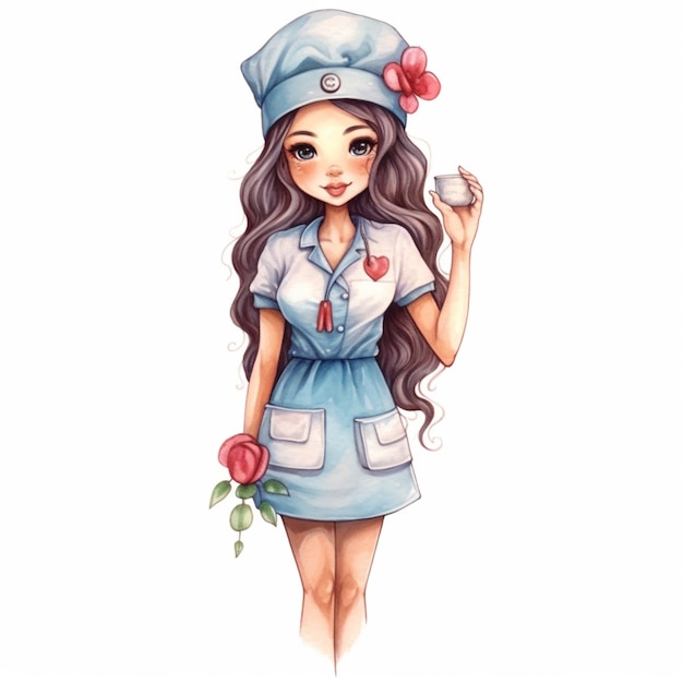 Карикатура на медсестру, держащую чашку кофе.