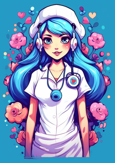 A cartoon nurse with blue hair and a stethoscope generative ai