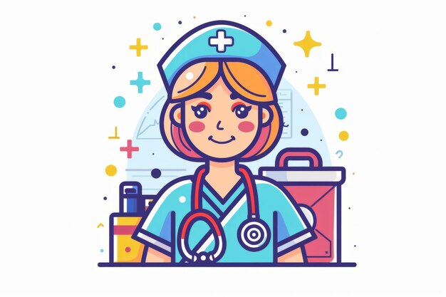 A cartoon nurse with a stethoscope and medical bag vector flat icon illustration