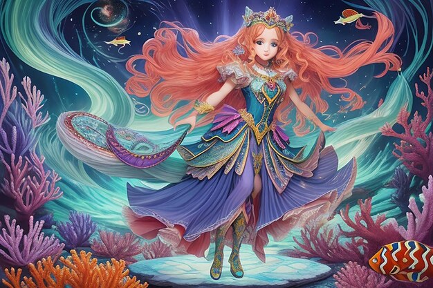 Cartoon ocean and the mermaid in underwater kingdom swimming with fishes children