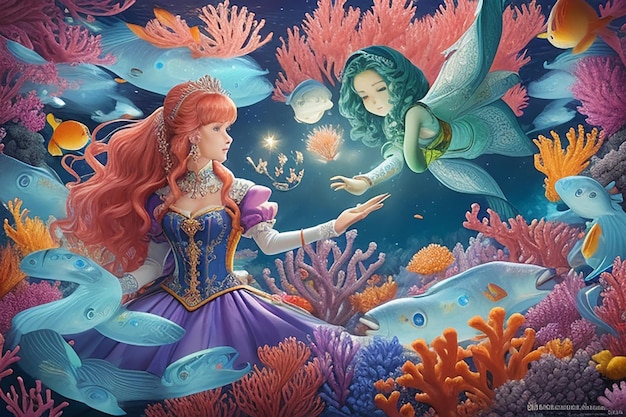 Cartoon ocean and the mermaid in underwater kingdom swimming with fishes children