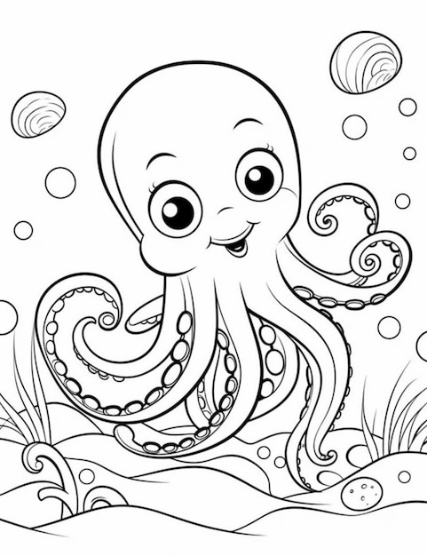Photo a cartoon octopus is swimming in the ocean coloring pages generative ai