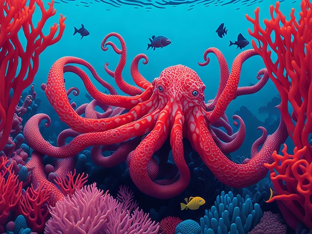 Cartoon octopus underwater landscape background