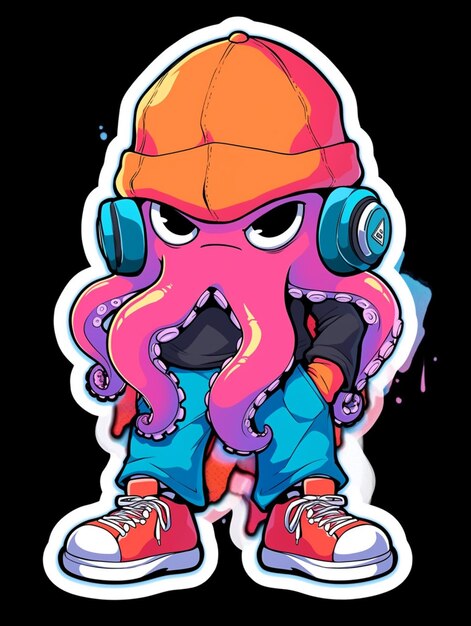 a cartoon octopus wearing headphones and a hat generative ai