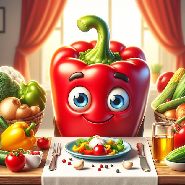 Фото Карикатура счастливого красного перца на кухне рядом с различными овощами и фруктами, созданными ии