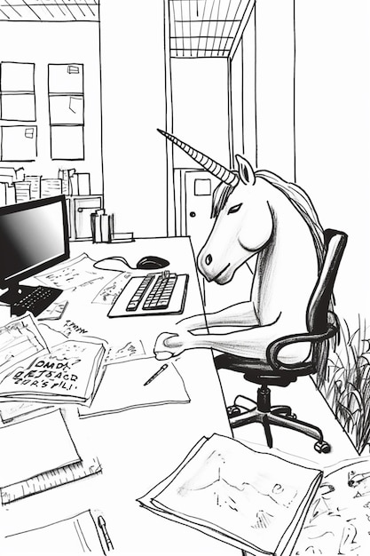 写真 コンピューター生成 ai を使って机に座っているユニコーンの漫画