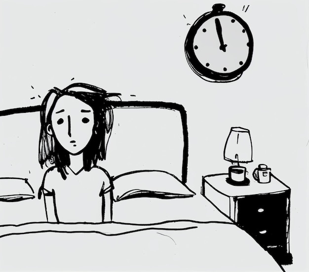 사진 그녀의 머리 위에 시계와 함께 침대에 앉아있는 여자의 만화
