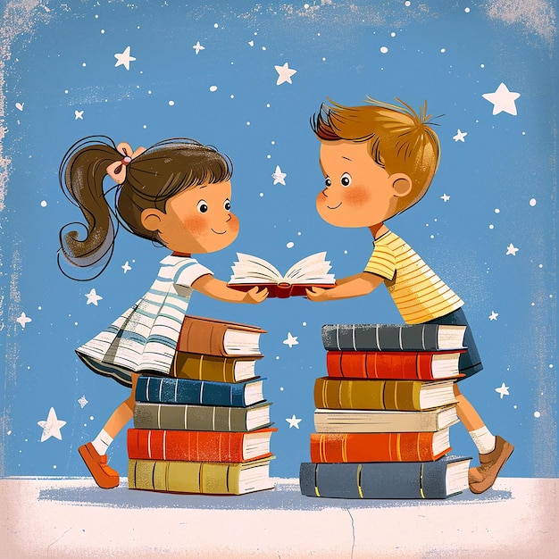 Фото Мультфильм с маленькой девочкой и мальчиком, держащими стопку книг