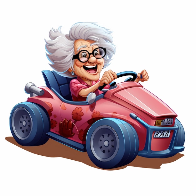 мультфильм старуха, управляющая розовой машиной с большой улыбкой